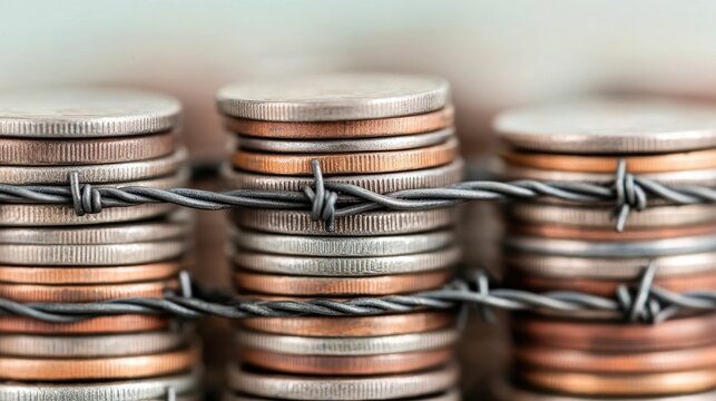 A stack of coins trapped behind a barbed wire fence representing the concept of restricted trade financial blockade and economic sanctions