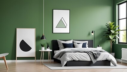 modern scandinavian bedroom features black nightstand grey bedding poster frame green wall simple white furniture overall