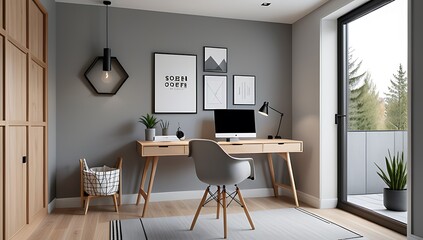 modern scandinavian home office features cozy workspace wooden furniture grey accent wall
