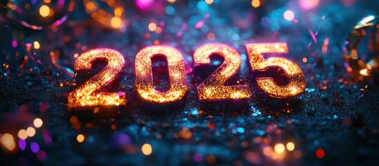 Sparkling 2025 new year celebration with confetti.