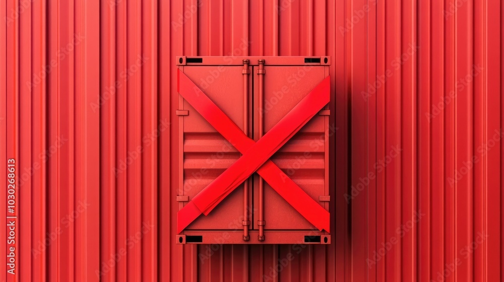 Poster stacks of shipping containers obstructed by red tape and padlocks symbolizing global trade restricti