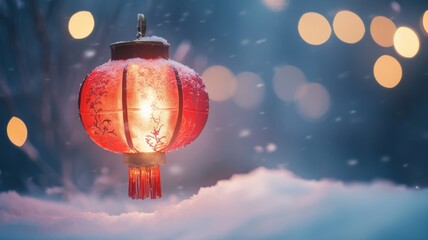 Obraz premium Festive red lantern with warm glow, set against snow and fairy lights for a peaceful holiday atmosphere. Christmas