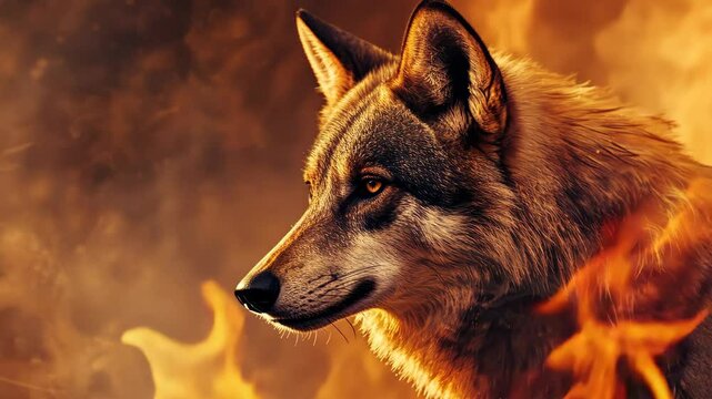 A wolf stands amidst a fiery backdrop, its gaze intense and focused