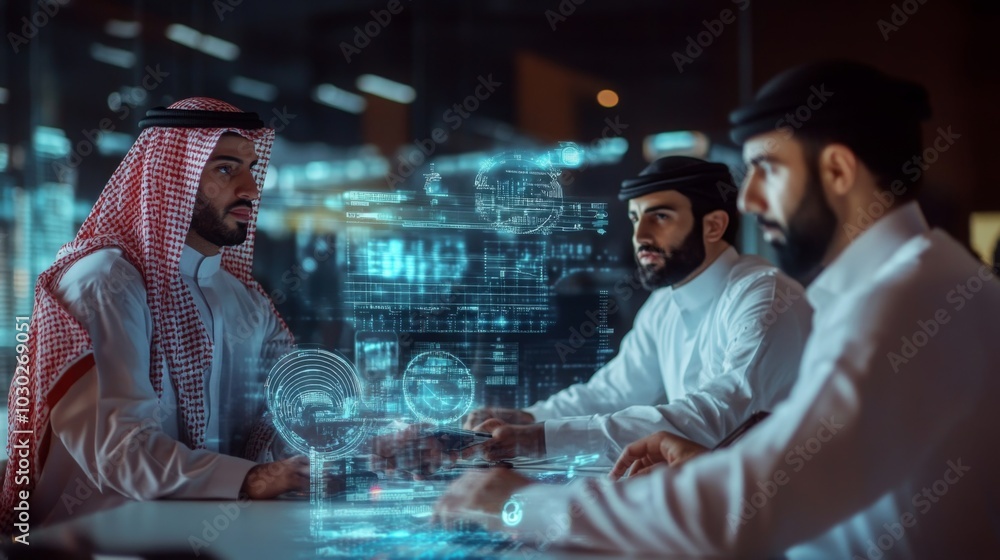 Aufkleber two men in traditional attire engage in a focused discussion about advanced digital technologies in 