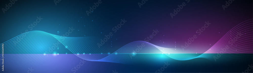 Aufkleber Illustration vector element with abstract wave line, neon light and particle dot on dark blue background. Modern futuristic design for background. Digital datum, high tech, technology concept