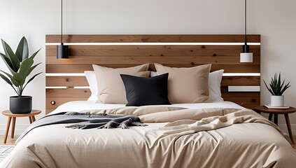 Obraz premium scandinavian boho style combines wood headboard modern beige bedding cozy modern bedroom aesthetic