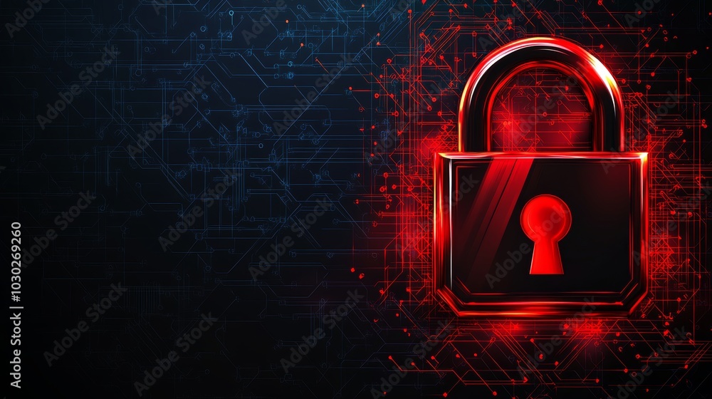 Poster red cyber security lock, digital circuit background data encryption, cybersecurity concept