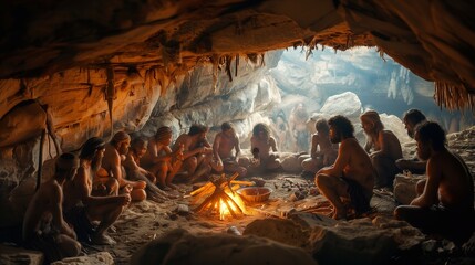 Cave people gather around a flickering fire in a dim cave, sharing stories and socializing in a prehistoric setting that emphasizes community