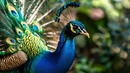 Obraz premium vibrant peacock displays its stunning plumage, showcasing blend of iridescent blue and green feathers. intricate patterns and colors create mesmerizing sight in lush environment