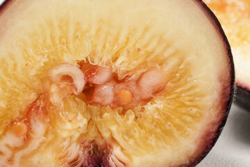 Brown Turkey fig with purple skin and soft flesh in light yellow and a hint of orange. Photographed on a white background. Also known as fig, scientific name: Ficus carica.