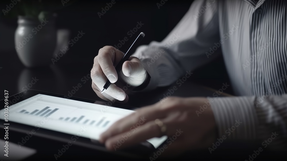 Poster analyzing sales data with tablet device