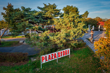 Stogi beach (polish: Plaza Stogi) sign in autumnal colors, Gdansk. Poland © Patryk Kosmider