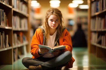 Young girl student reading publication library. .