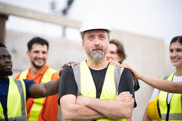 Senior White engineer cross arm at chest looking at camera with smile at work site. Portrait of engineer wearing white hard hat at factory