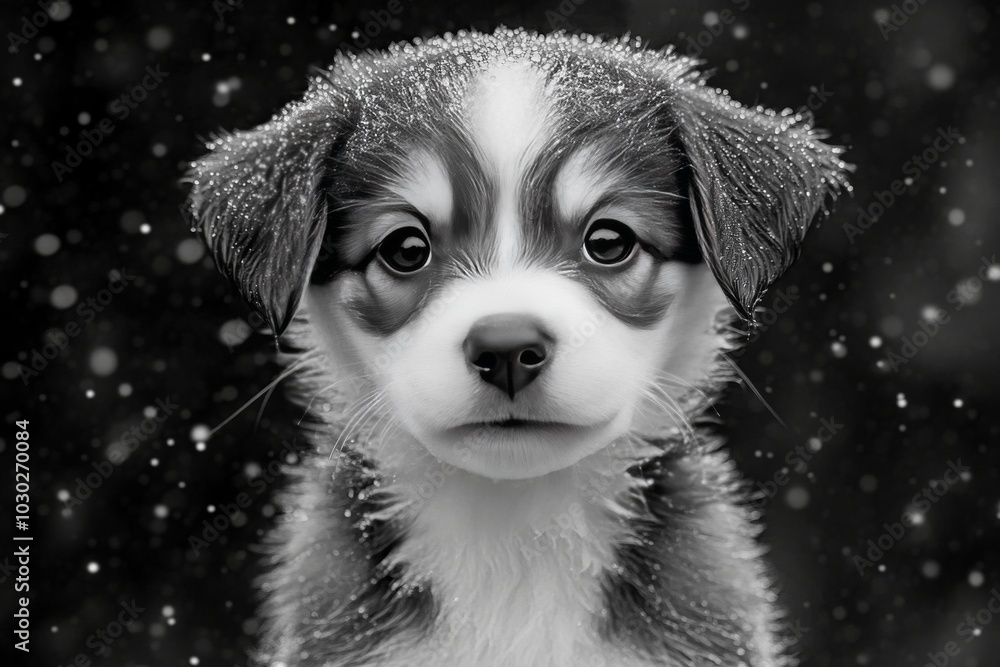 Poster black and white puppy sitting with an inquisitive expression as snow gently falls contrasting with t
