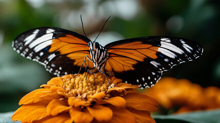 Obraz premium vibrant butterfly with striking orange and black wings rests on bright yellow flower, showcasing natures beauty and intricate details. delicate patterns and colors create captivating scene