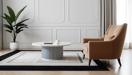 striped accent coffee table sits classical armchair empty modern living room