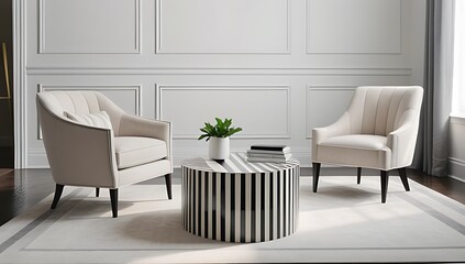 striped accent coffee table sits classical armchair empty modern living room