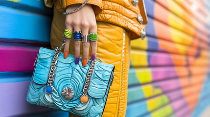 stylish hand holding vibrant blue handbag against colorful mural background, showcasing bold rings and nail art. combination of colors creates lively and fashionable vibe