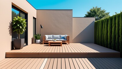 summer geometric shapes decorate backyard decks abstract mini backdrops copy space text panoramic views created digitally today