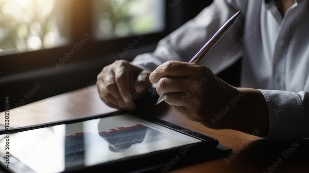 Poster analyzing sales data on tablet device
