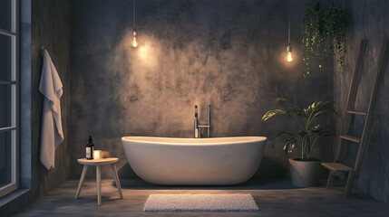 Minimalist bathroom with soft lighting, sleek white fixtures, a freestanding tub, and dark accents adding contrast