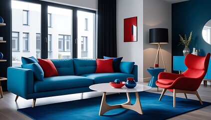 vibrant blue red furniture adds color modern scandinavian styled living room unique multicolored decorative accents