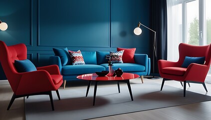 vibrant blue red furniture adds color modern scandinavian styled living room unique multicolored decorative accents