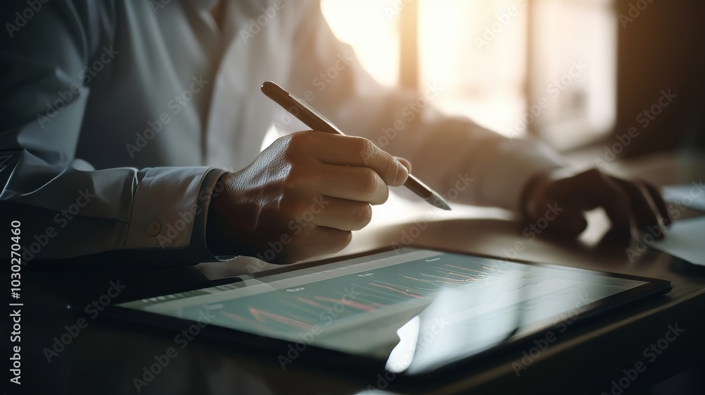 Poster analyzing sales data using a tablet