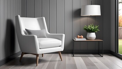 white armchair sits gray paneling farmhouse style home rendered interior design gray accents throughout