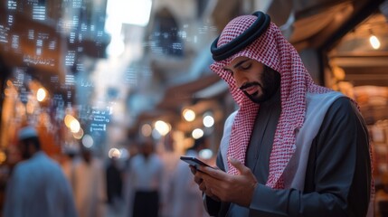 A young man dressed in traditional clothing is intently using his smartphone, while surrounded by a lively market atmosphere as evening light enhances the warm colors around him.