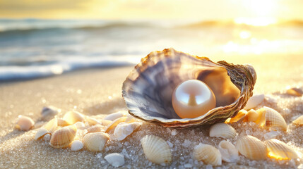 A pristine pearl sitting inside an oyster shell, surrounded by crushed seashells on a sandy beach, with soft, golden sunlight illuminating the scene.
