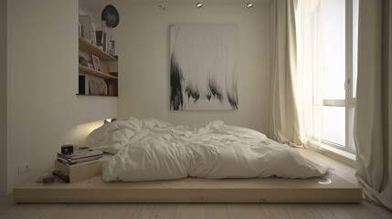 Minimalist bedroom in neutral tones with a low bed, light wooden floating shelf, and abstract art, bathed in soft natural light
