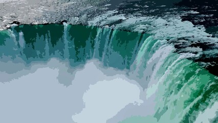 view of a waterfall, likely resembling Niagara Falls. The water cascades down in shades of teal and turquoise, with a misty white base where the water crashes below. The flowing water and foam create 