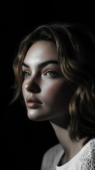 Naklejka premium High-contrast black-and-white portrait of a woman with harsh lighting accentuating the contours of her face. The sharp shadows highlight her skin's texture, creating a bold, artistic focus 