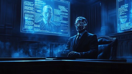 A courtroom scene with AI-driven tools automating legal document reviews, a virtual screen showing legal case summaries, a lawyer wearing augmented reality glasses,