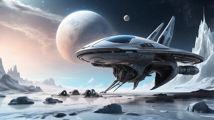 Obraz premium A futuristic spaceship landed on a snowy planet with a large moon in the sky