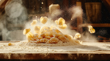 Fresh pasta is being tossed into air, creating beautiful cloud of flour and motion. scene captures essence of culinary creativity and joy of cooking