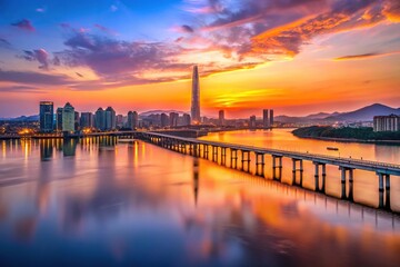 Obraz premium Twilight sunset over Han River in Seoul, South Korea