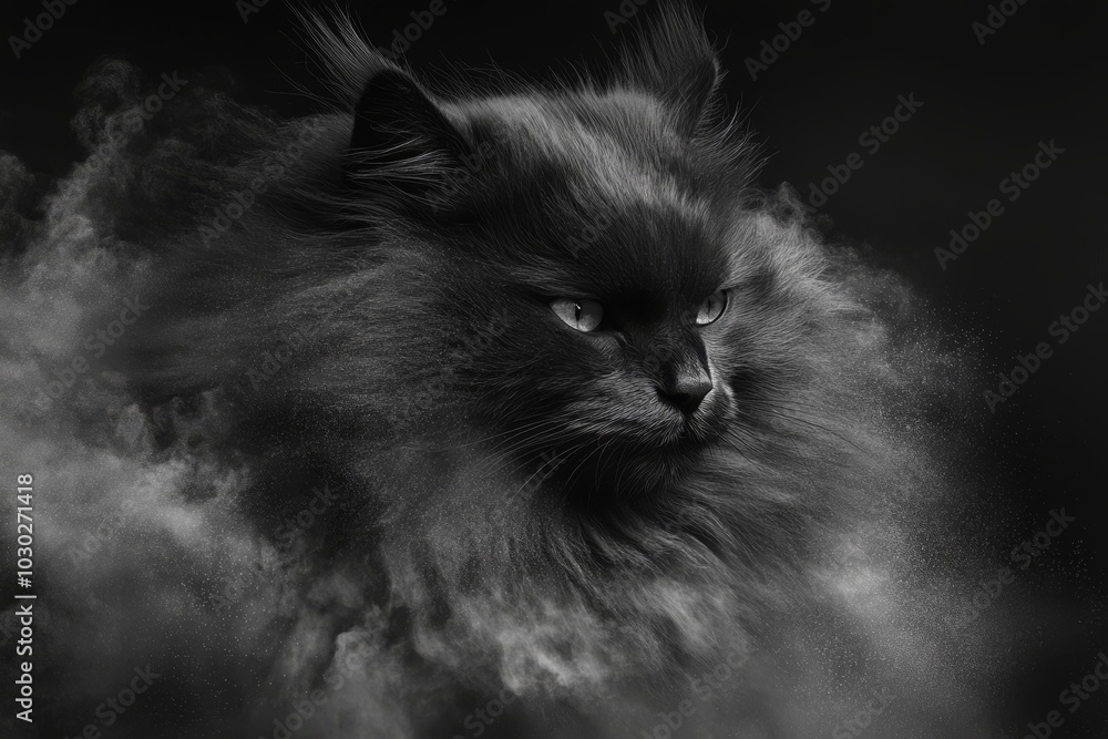 Poster long haired fluffy cat with closed eyes sitting by the window as snow falls outside evoking a sense 
