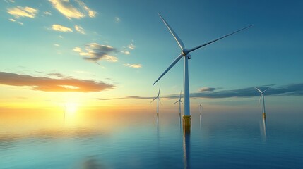 Wind turbines in a serene ocean landscape at sunset.