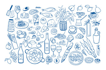 Set of hand drawn simple mediterranean food. Different European ingredients and dishes in doodle style