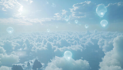 A boundless sea of clouds stretches to the horizon, with glowing orbs bobbing like jellyfish in the mist