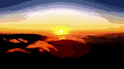 vibrant sunset over a mountainous landscape. The sun is centered, radiating warm tones of yellow, orange, and red, gradually transitioning to darker hues as it meets the silhouetted mountains below. 