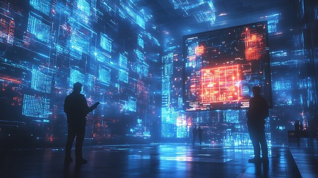 A crime scene investigation using digital forensics, law enforcement officers analyzing data from a holographic screen, IP addresses and device logs floating mid-air,