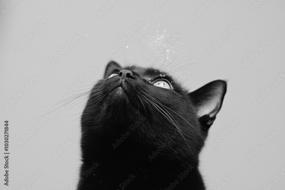 Poster cat shaking its head as snow scatters in the air creating an energetic yet humorous scene as the mot