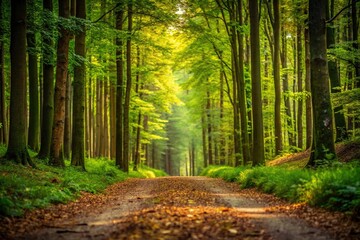 Obraz premium Low angle view of a peaceful forest path surrounded by green nature