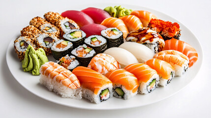 Delight in vibrant sushi platter featuring variety of rolls, sashimi, and garnishes, showcasing fresh ingredients and colorful presentation. Perfect for sushi lovers!