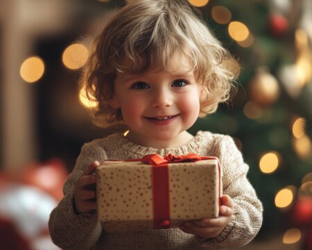Little boy holding a gift box, radiating excitement and joy during Safe Toys and Gifts Month - Powered by Adobe