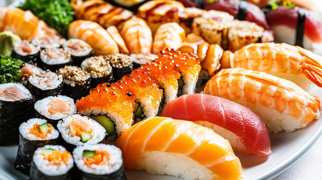 Sushi platter featuring variety of colorful sushi rolls, including nigiri, sashimi, and maki. vibrant presentation showcases fresh seafood and garnishes, creating appetizing display